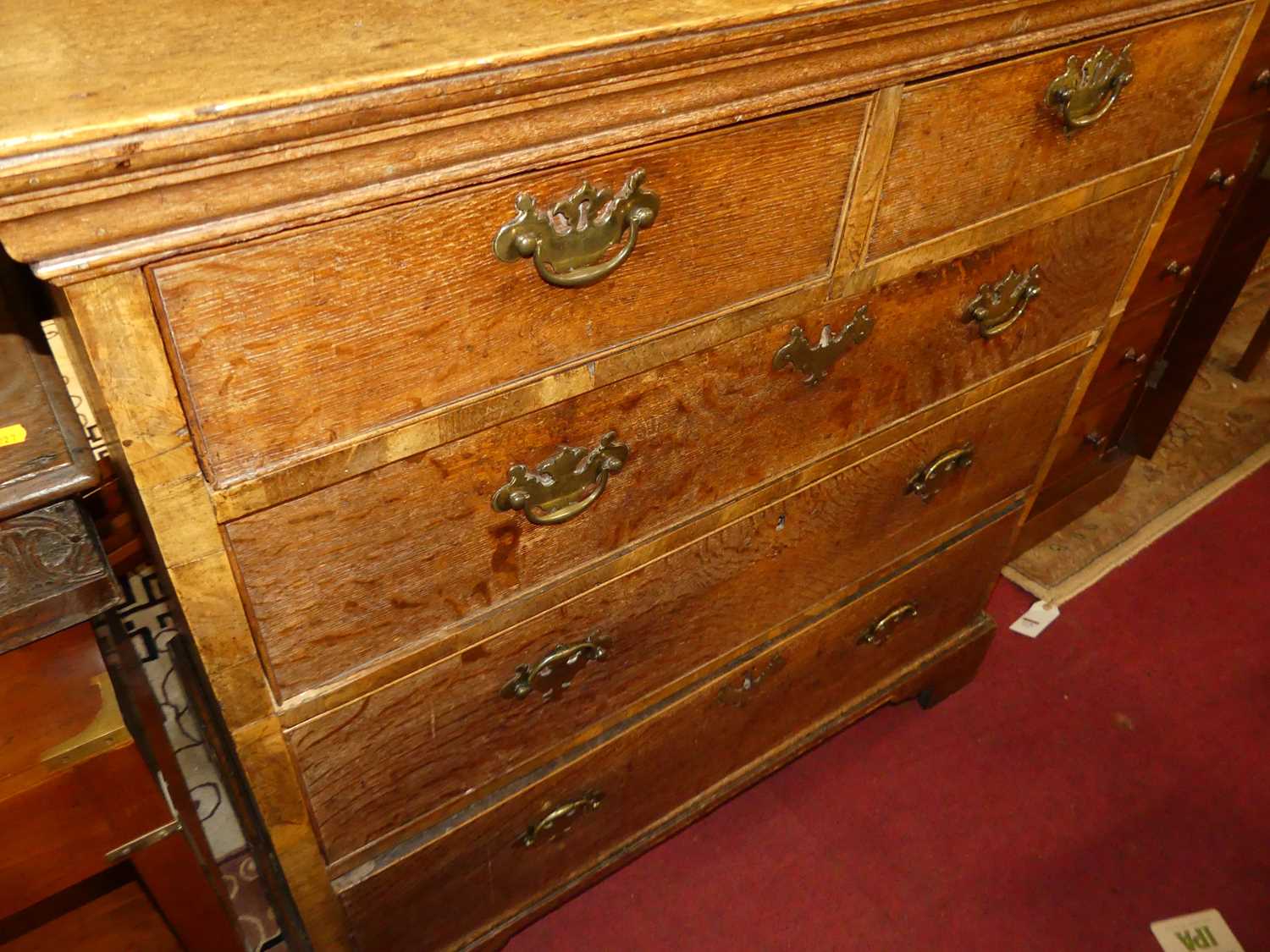 A George III oak squarefront chest of two short over three long graduated drawers, w.101cm - Image 3 of 4