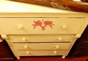 A Victorian and later white painted chest of four long drawers, on squat turned supports, w.110cm