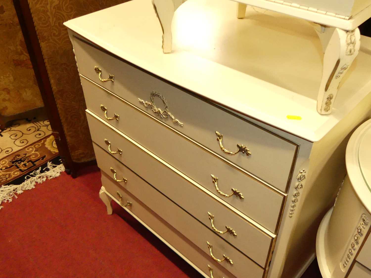 A suite of French white wood bedroom furniture, to include; a kidney shaped kneehole mirrorback - Image 8 of 9