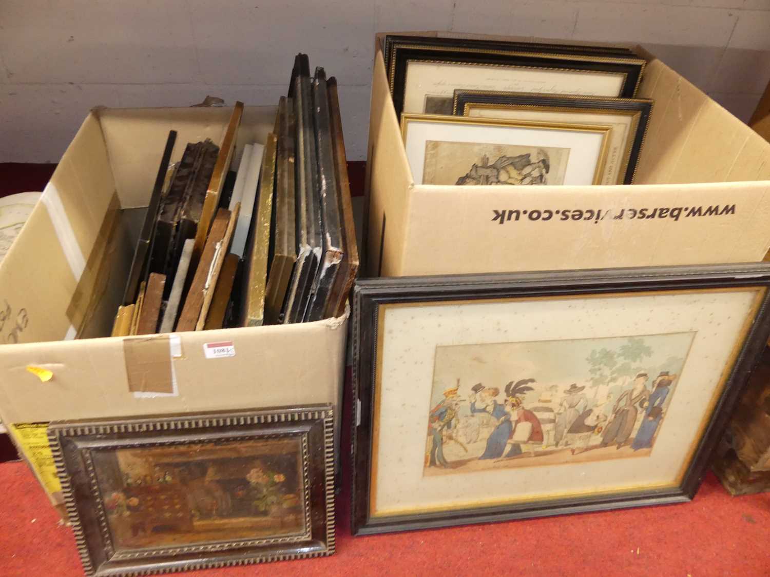 Two boxes of assorted pictures and prints, to include amateur oils, colour engravings, mezzotints