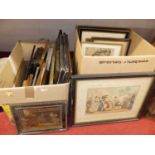 Two boxes of assorted pictures and prints, to include amateur oils, colour engravings, mezzotints