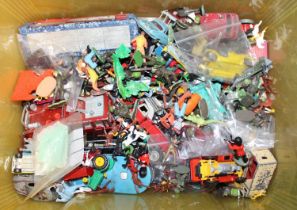 A box containing a quantity of mixed plastic and diecast miniatures to include Lonestar, Corgi