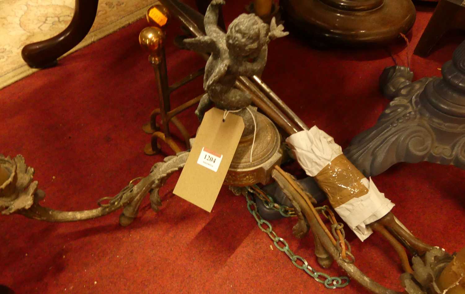 A cast metal three-branch hanging ceiling light; together with a pair of fire dogs and a steel - Image 2 of 3