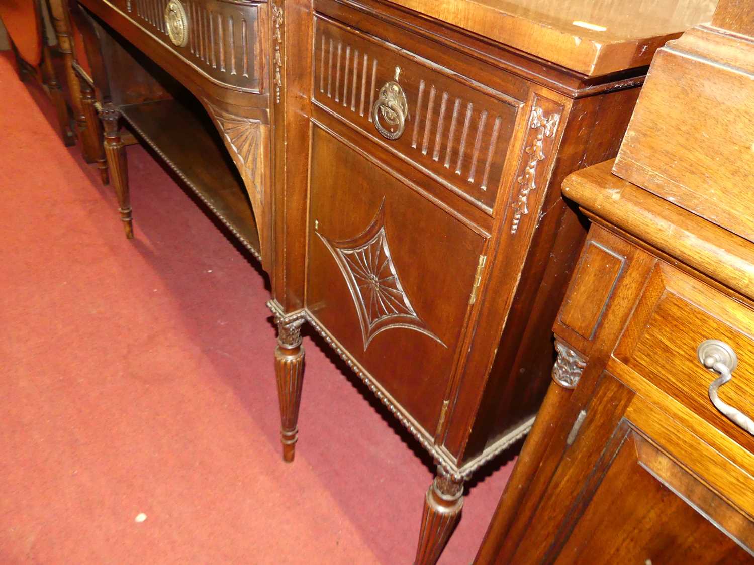 An early 20th century mahogany breakfront sideboard in the Adam taste, having long central frieze - Image 5 of 6