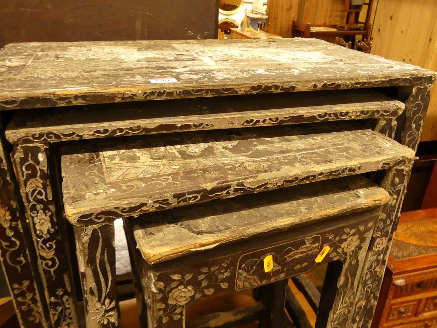 An Oriental black painted quartetto nest of tables, the largest w.62cm Heavy losses and damage to - Image 4 of 4