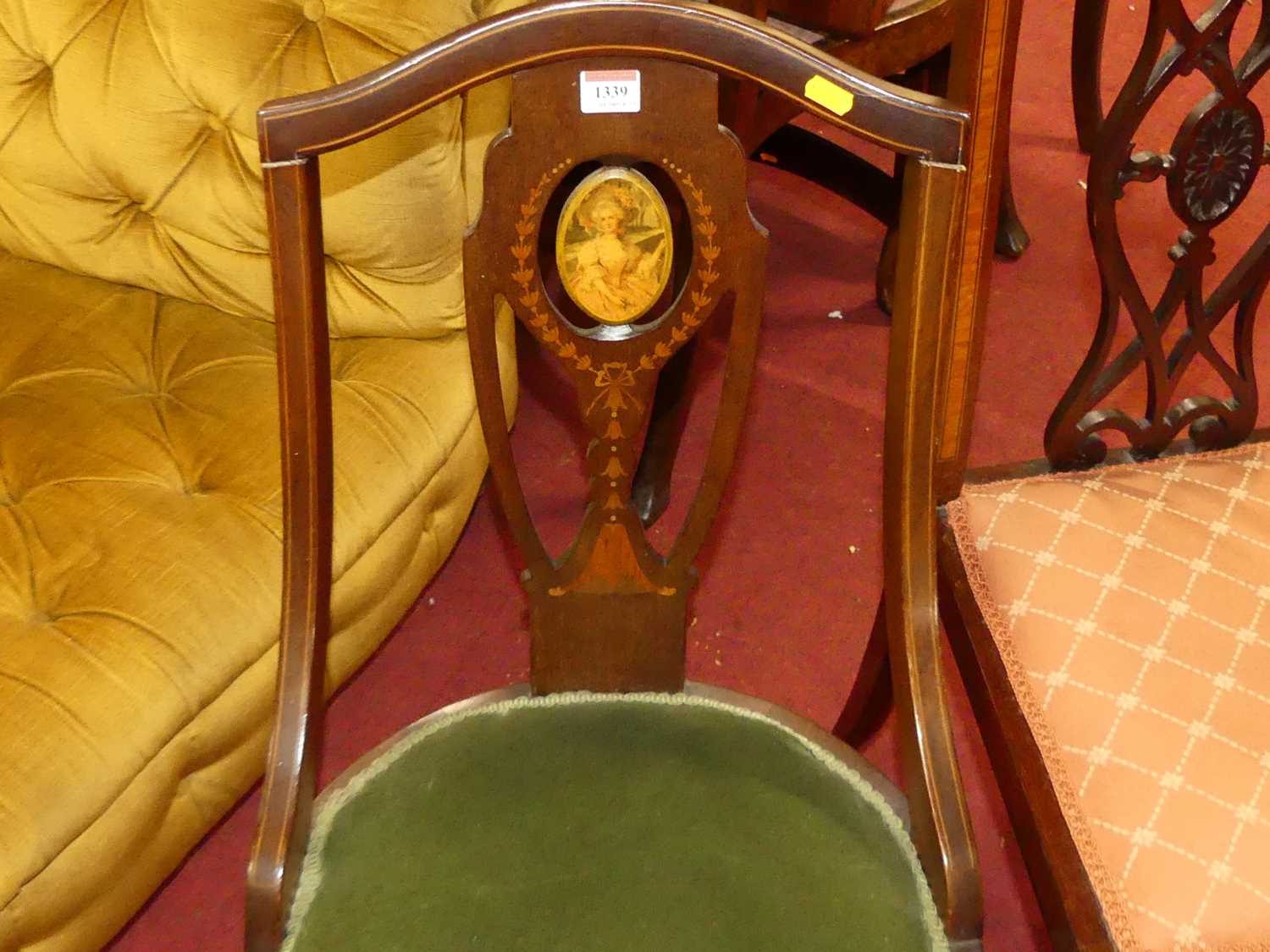 A pair of Edwardian mahogany and floral satinwood inlaid salon side chairs, together with two - Image 2 of 8