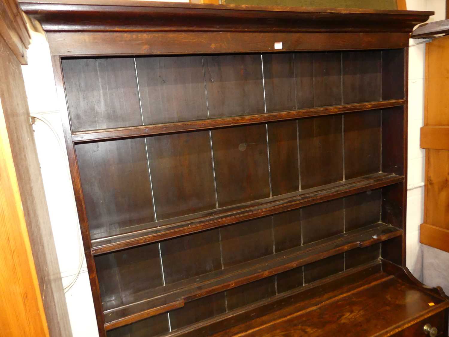 A circa 1800 provincial oak dresser, having three-tier open plate rack over base fitted with three - Image 2 of 4