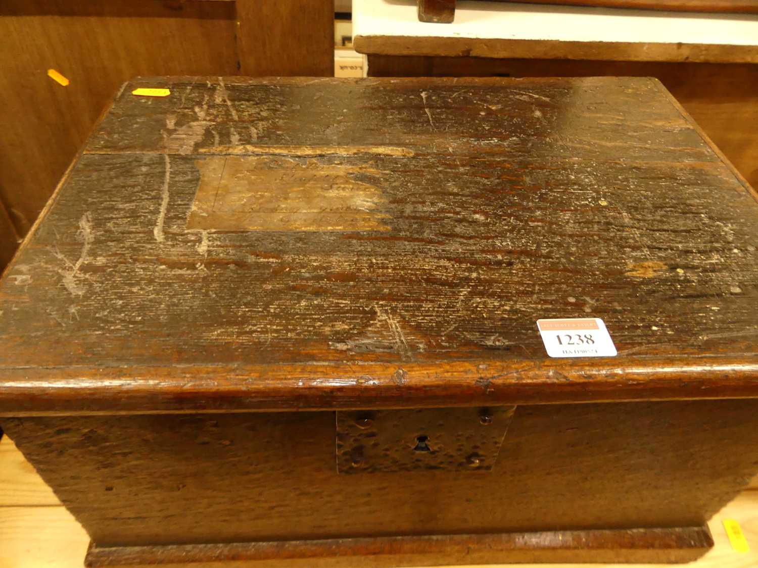 An 18th century oak hinge topped Bible box, having interior candle compartment, the inside of the - Image 3 of 5