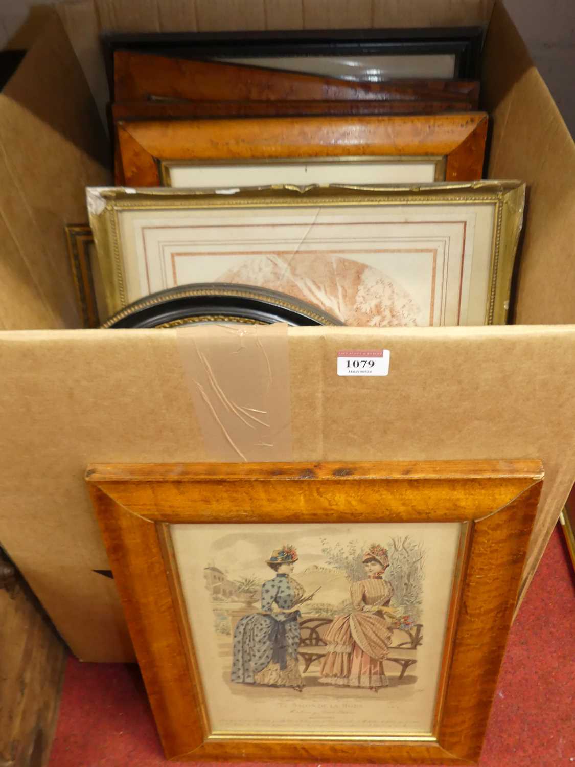 A box of assorted prints, to include birds-eye maple framed sporting examples etc