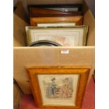 A box of assorted prints, to include birds-eye maple framed sporting examples etc