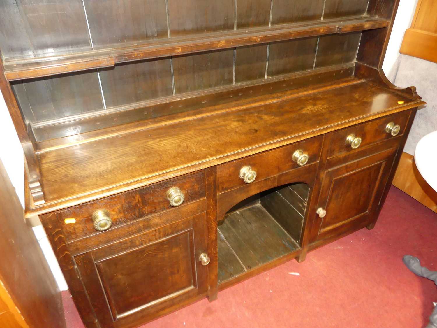 A circa 1800 provincial oak dresser, having three-tier open plate rack over base fitted with three - Image 3 of 4