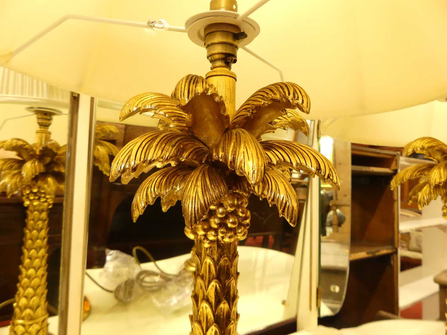 A pair of contemporary gilt table lamps, each in the form of a palm tree, with pleated silk - Image 2 of 3