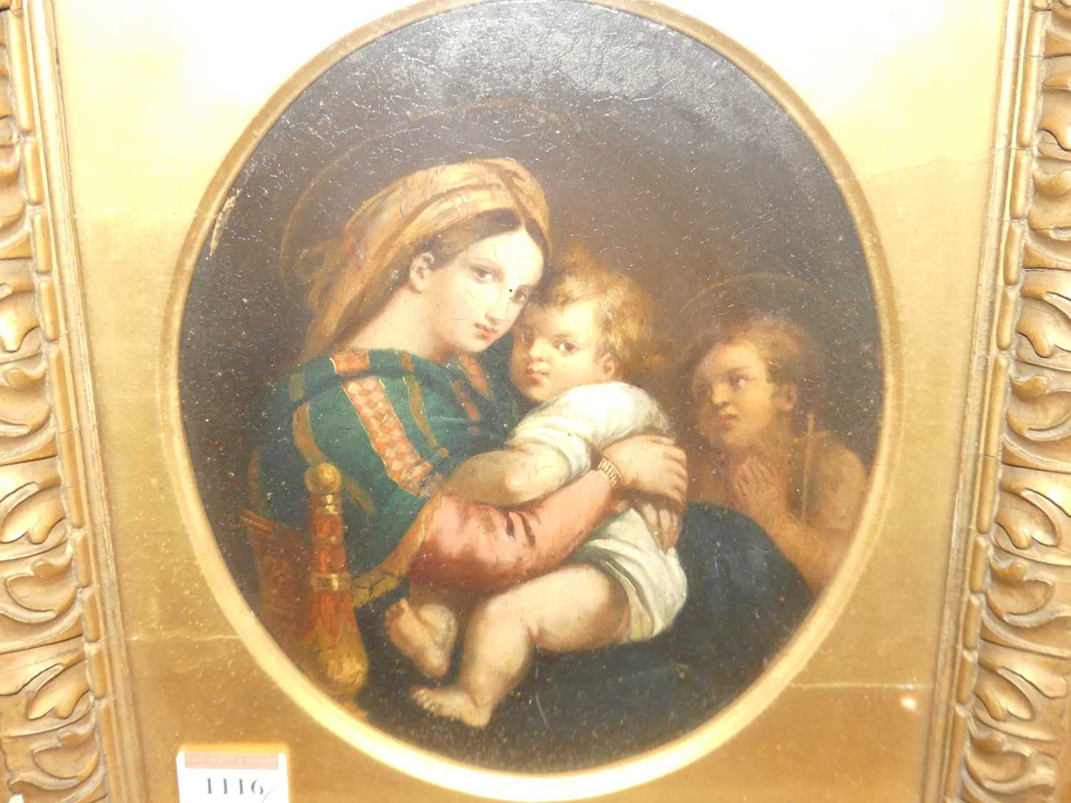 After Raphael - Madonna della Sedia, oil on panel, 23 x 18cm; together with a Bartolozzi etching ( - Image 2 of 4