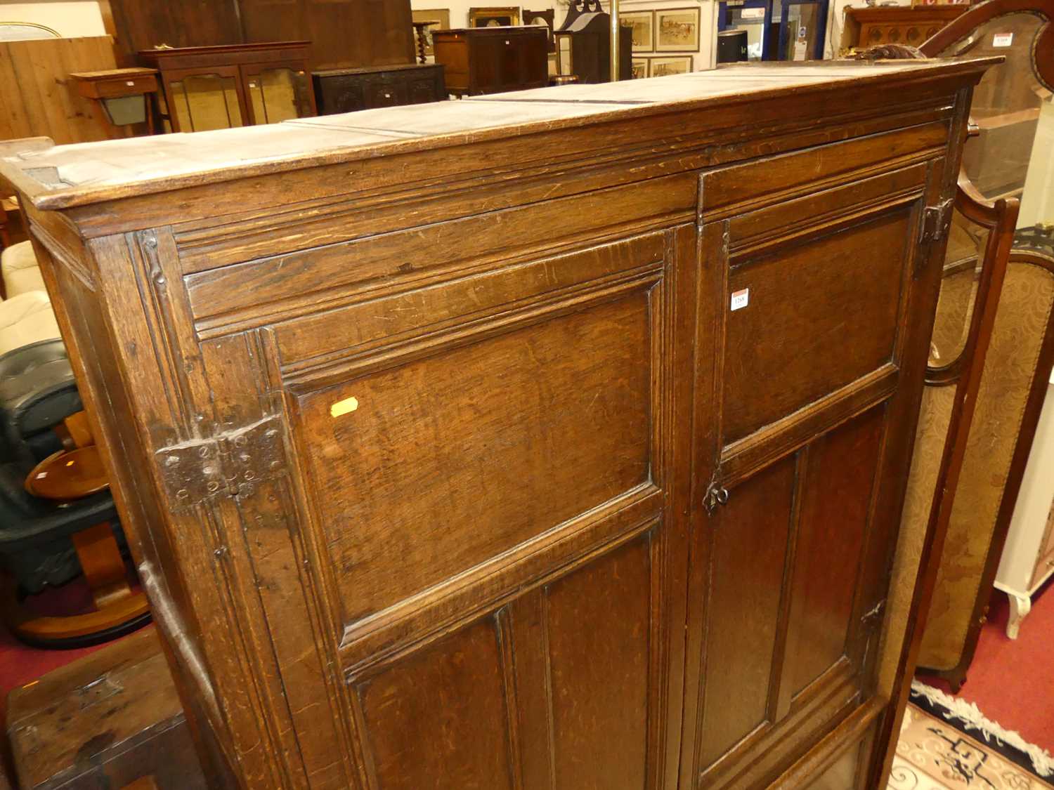 An antique joined oak double door panelled side cupboard, w.128cm - Image 2 of 5