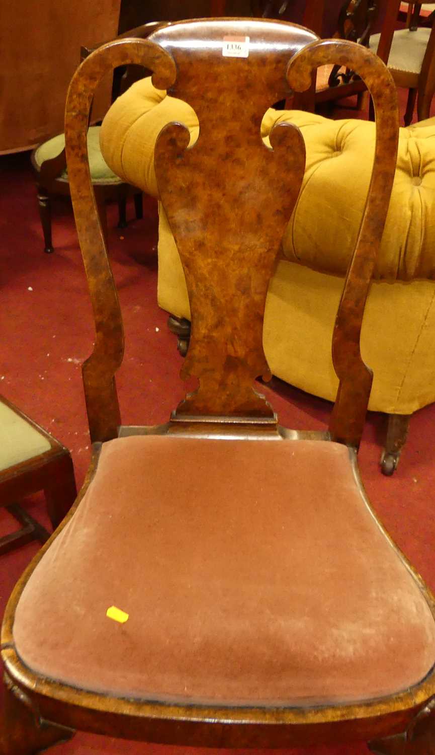 A pair of early 20th century figured walnut splat back dining chairs, in the Queen Anne taste, - Image 2 of 4