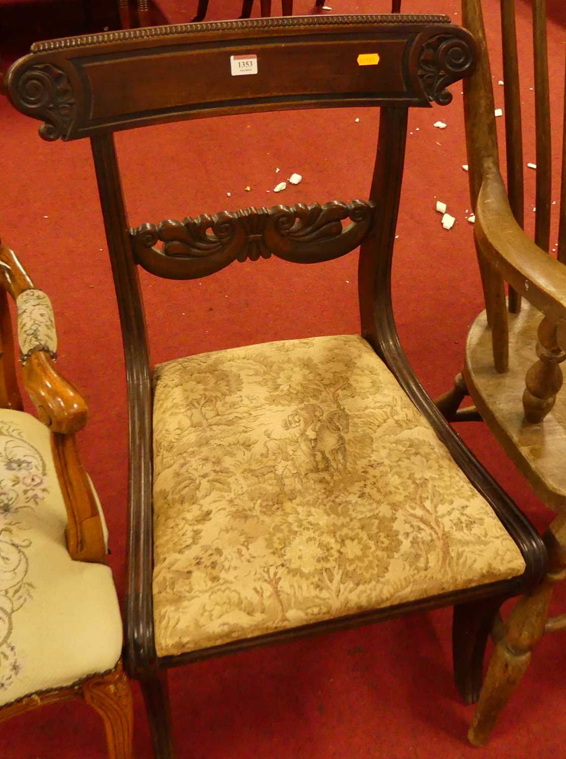 A single William IV mahogany barback dining chair, having needlework upholstered drop-in pad seat