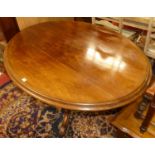 A mid-Victorian mahogany oval tilt-top pedestal breakfast table, on hip scroll supports, length