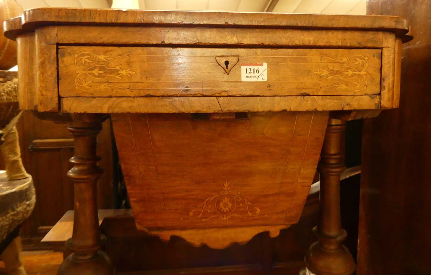 A mid-Victorian figured walnut and floral satinwood inlaid work table, w.61cm; together with a - Image 2 of 7