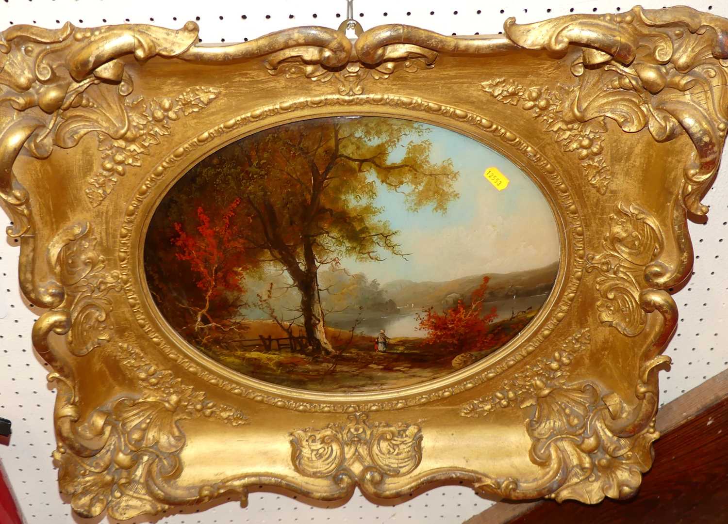 A pair of reverse oil paintings on glass of river landscape scenes, each framed as ovals, 32 x - Image 3 of 3