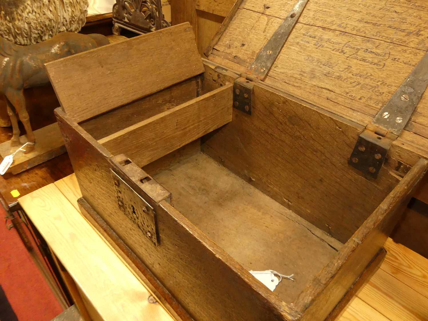 An 18th century oak hinge topped Bible box, having interior candle compartment, the inside of the - Image 5 of 5
