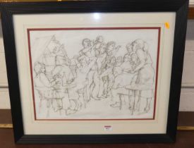 W.B. Hinton - An artists preliminary sketch of a jazz club scene, pencil and ink sketch, 37 x 50cm