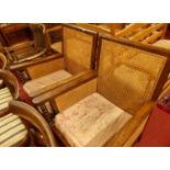 A pair of early 20th century indigenous hardwood and cane bergere chairs, raised on bobbin turned