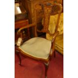 A circa 1900 mahogany, satinwood and further floral ivory inlaid splat back salon elbow chair,