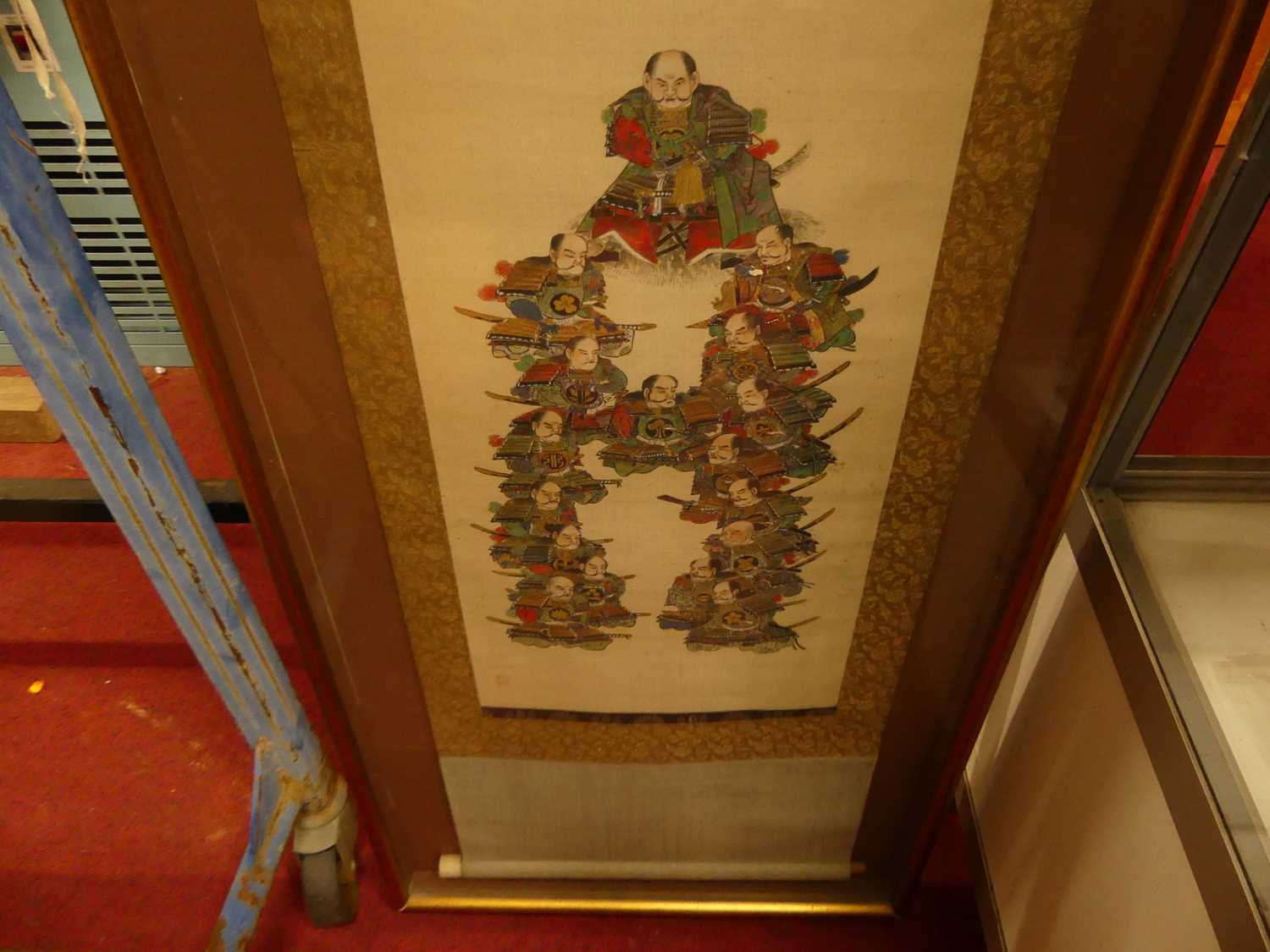 A Japanese painted scroll depicting Samurai warriors, within a glazed box frame; together with two - Image 9 of 9