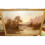 F Hall - pair, extensive river landscapes with cattle watering and sheep grazing, oil on canvas,