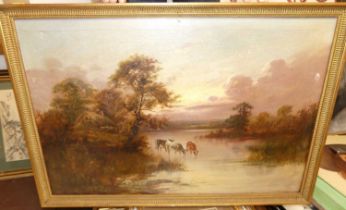 F Hall - pair, extensive river landscapes with cattle watering and sheep grazing, oil on canvas,