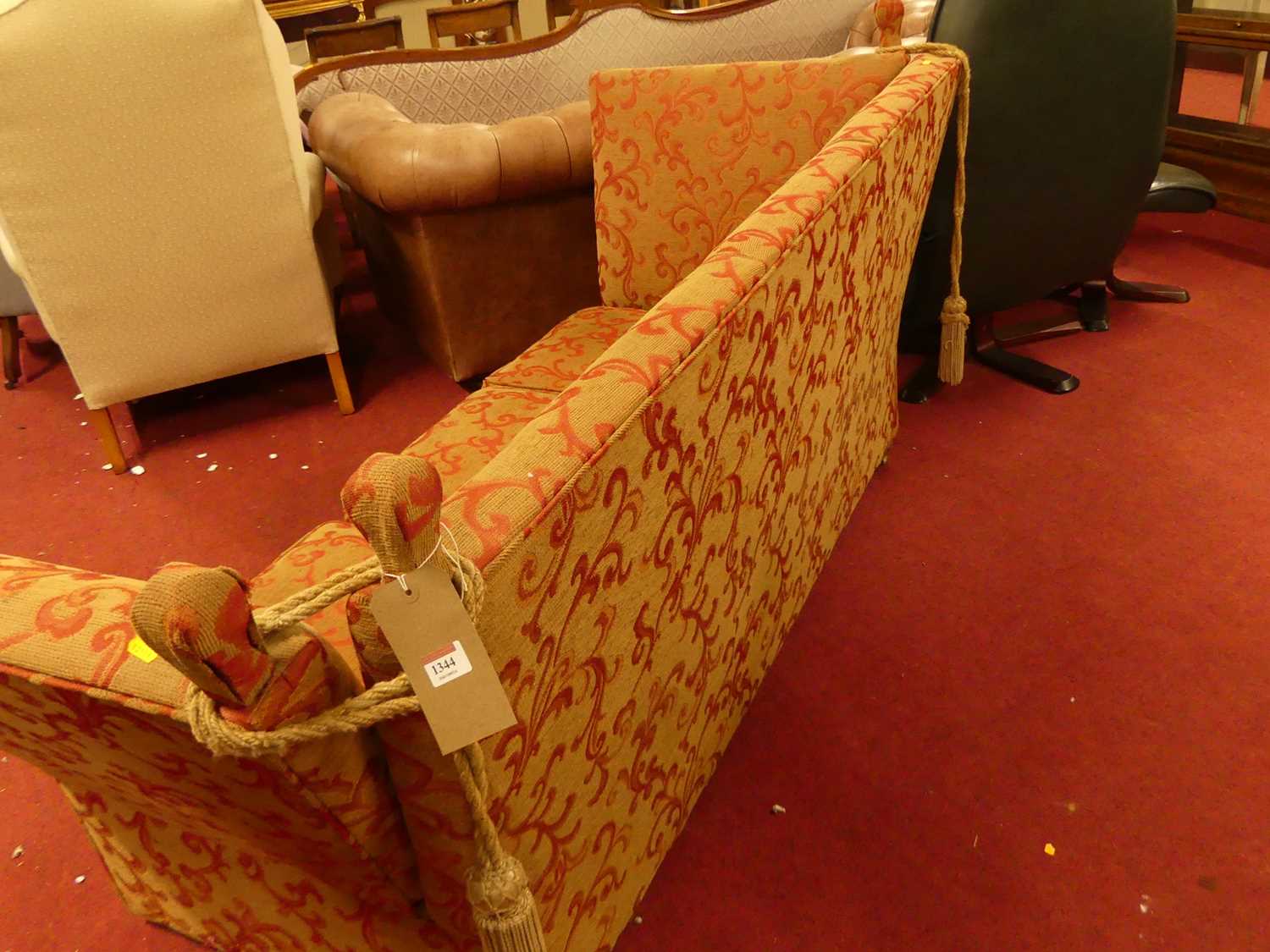 A red floral needlework upholstered three-seater Knoll sofa, having squab cushions, width 185cm Some - Image 5 of 5