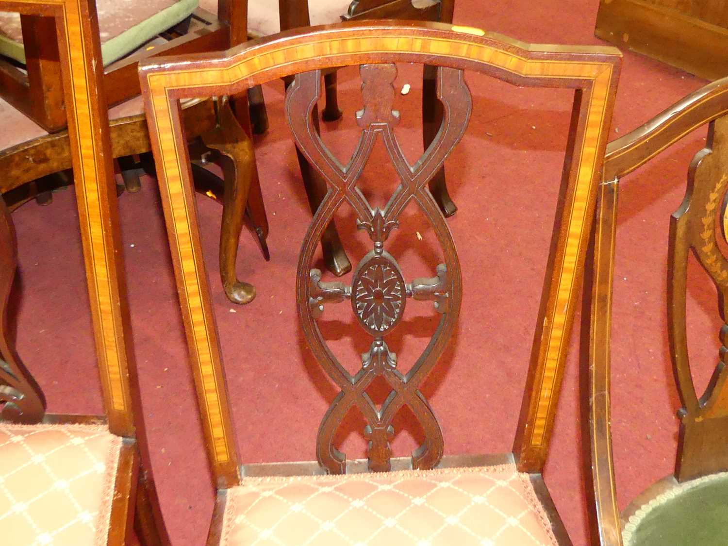 A pair of Edwardian mahogany and floral satinwood inlaid salon side chairs, together with two - Image 4 of 8