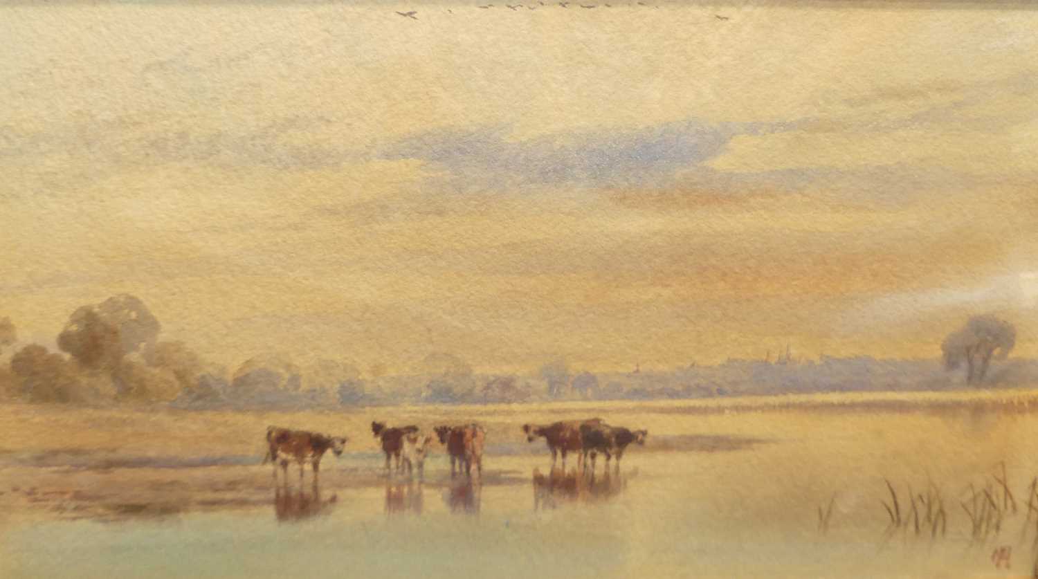 Henry Pilleau (1813-1899) - Cattle watering at sundown, watercolour, signed with monogram lower