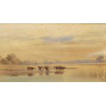 Henry Pilleau (1813-1899) - Cattle watering at sundown, watercolour, signed with monogram lower