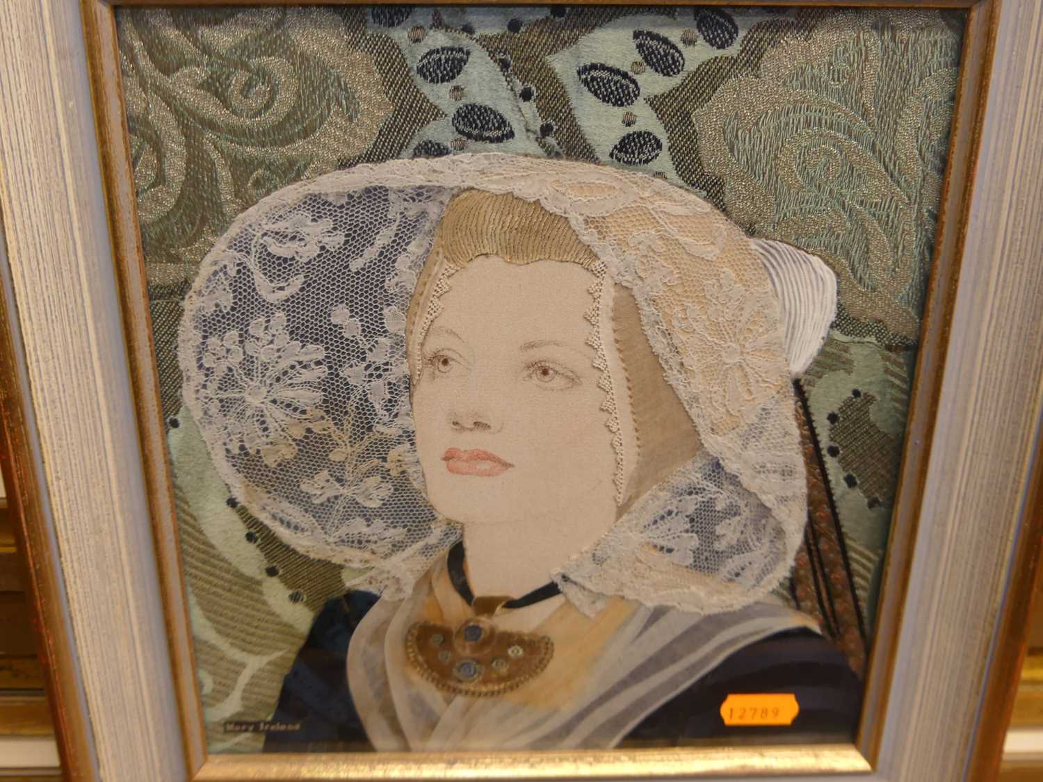 Mary Ireland - Flemish pendant, fabric mosaic, 25x22cm In very good condition with some staining - Image 2 of 5