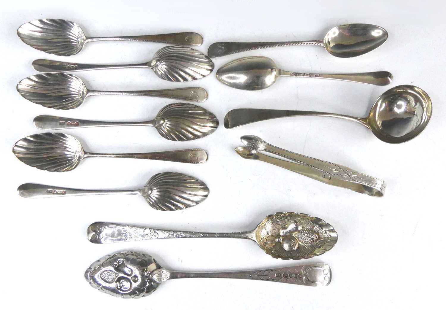 A collection of George III silver spoons by Hester Bateman, comprising a set of six teaspoons,