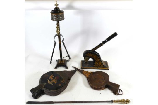 A pair of 20th century style black lacquered fire bellows, together with another pair of bellows, - Image 1 of 6