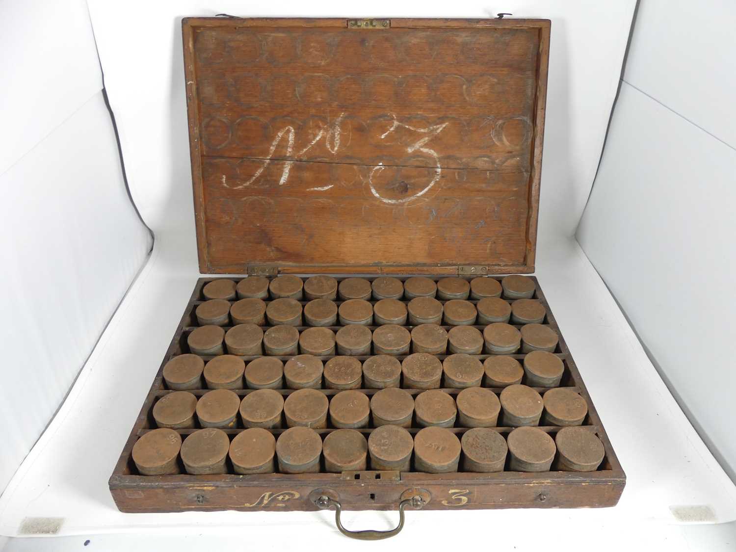 A vintage box inscribed Tradesman's Wages Box, having a fitted interior, with metal coin capsules, - Image 2 of 3