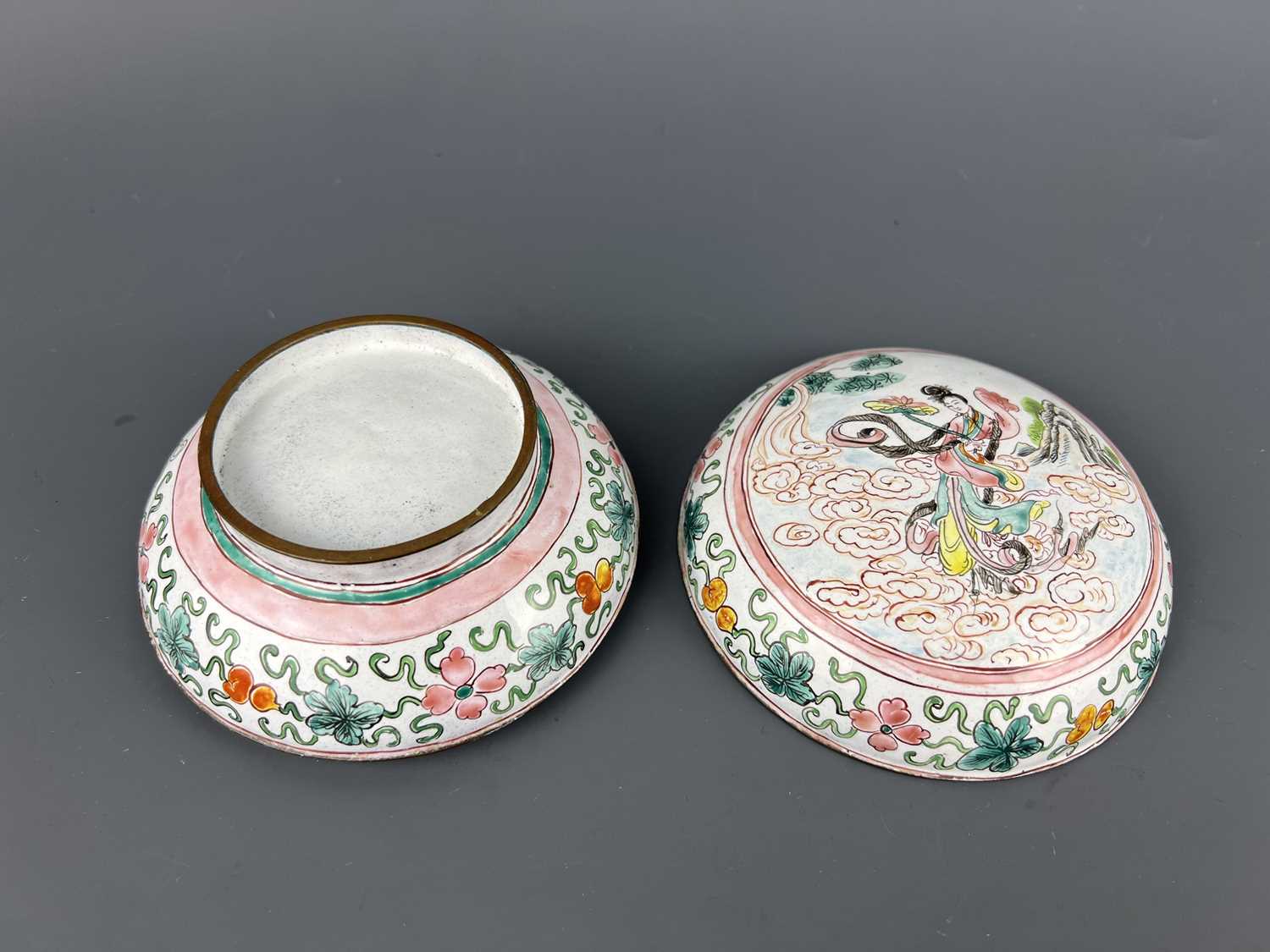 A group of nine painted enamel pieces, 19th/20th century, comprising a figural circular box with - Image 2 of 12