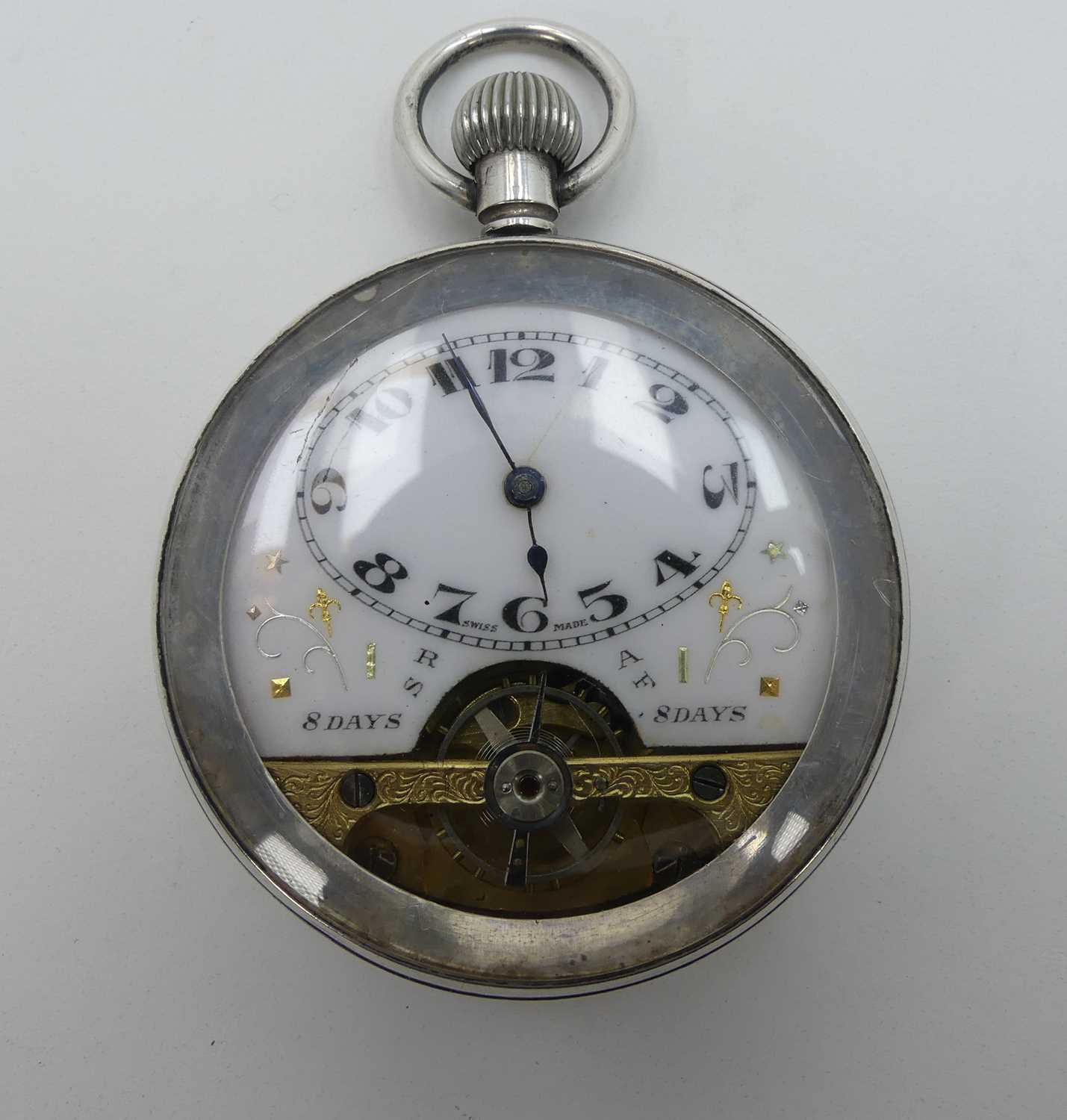 A French gent's silver cased open face pocket watch, having white enamel dial, eight-day keyless