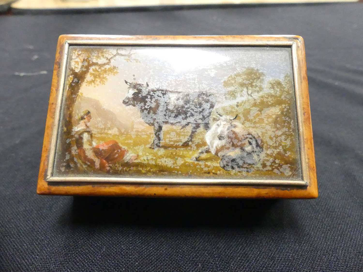 A thuya wood box of inverted rectangular form, the hinged cover painted with a maiden and cattle - Image 2 of 8