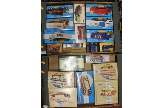 Two trays containing mostly Corgi boxed modern issue diecast to include AEC Regal coach, Bedford - Image 1 of 3