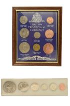 A framed British Pre-Decimal Currency coin display together with a slabbed US coin set, former 17