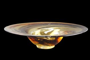 A large free-blown amber studio glass bowl with pronounced everted rim, 32 cm diameter