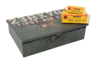 A British Army mechanized transport first aid tin and contents, 24 x 16 x 5.5 cm
