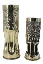 Two Great War trench art brass shell-case vases, one engraved 'Lorraine',