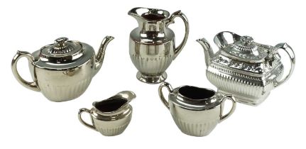 Five items of Victorian lusterware, comprising a three piece teaset, a teapot and a jug