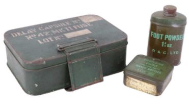 A Second World War, No 42, MK II delay capsule fuse tin, together with a sterilizing outfit tin