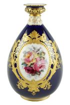 An Edwardian Royal Crown Derby teardrop-shaped vase, centered by medallions hand enameled in