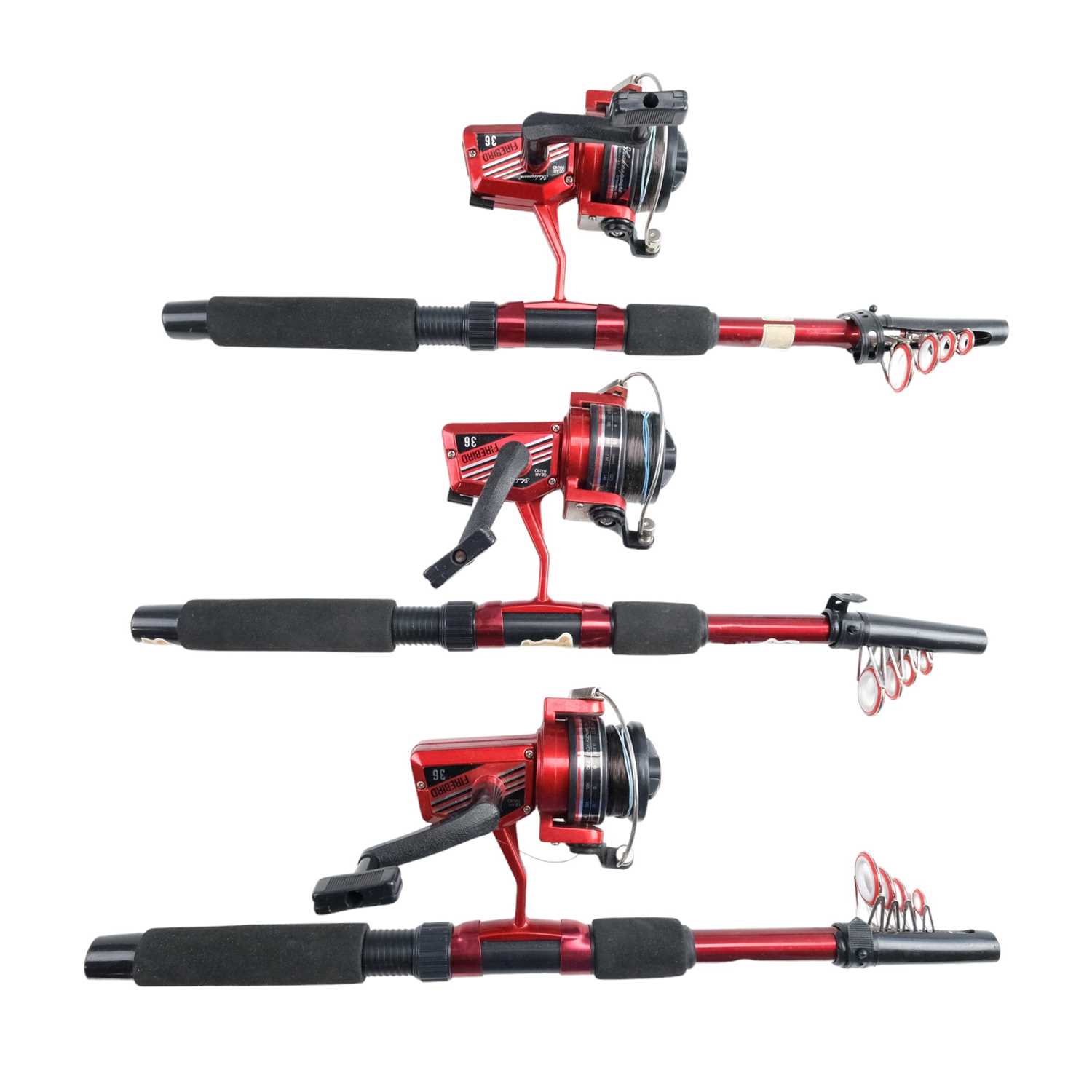 Three Shakespeare Firebird Combo 7' telescopic travel fishing rods and